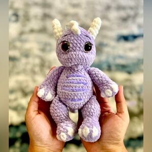 Handmade Crochet Dragon Amigurumi Stuffed Animal Purple Plushy with Pink Eyes